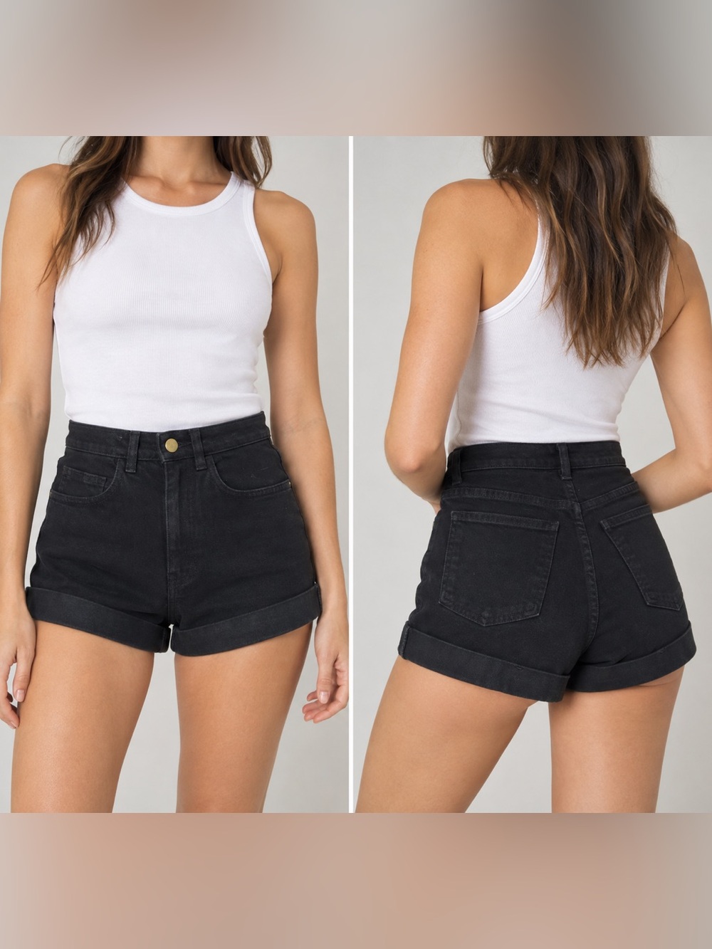American Apparel Black High-Rise Cuffed Denim Shorts